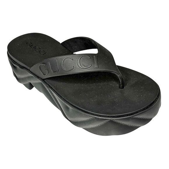 Gucci Rubber Chevron Logo Platform Thong Sandals Black Size 37 Box & Dust Bag - Picture 1 of 13
